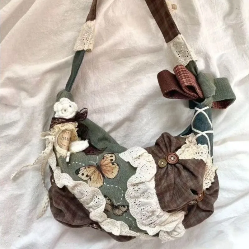 

JIAERDI Harajuku винтажная сумка с бантом женская кружевная лоскутная сумка на пуговицах женская элегантная сумка через плечо с принтом бабочки 2025