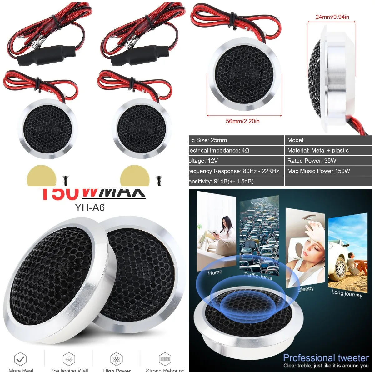 

Silk Dome Tweeters, 2pcs 150W YH-A6 High Efficiency Mini Dome Tweeter Speakers for Car Audio System