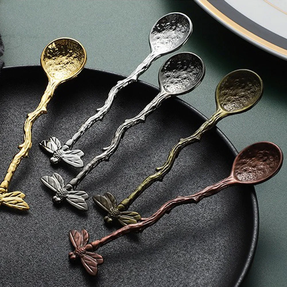 Vintage Royal Carved Dessert Spoon Dragonfly Pattern Mini Stainless Steel Tea Coffee Spoon Fruit Snack Tableware Kitchen Tools
