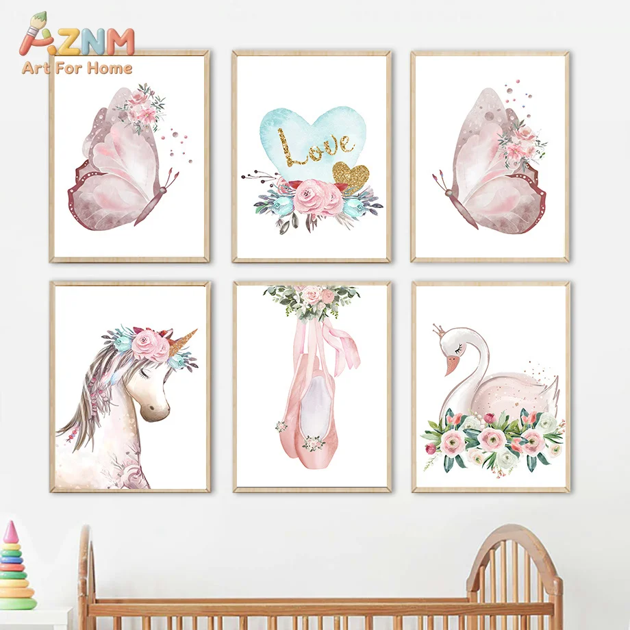 AZNM Pink Watercolor Canvas Print Floral Butterfly Unicorn Swan Ballet Shoes Love Heart Soft Girls Nursery Unframed Wall Poster