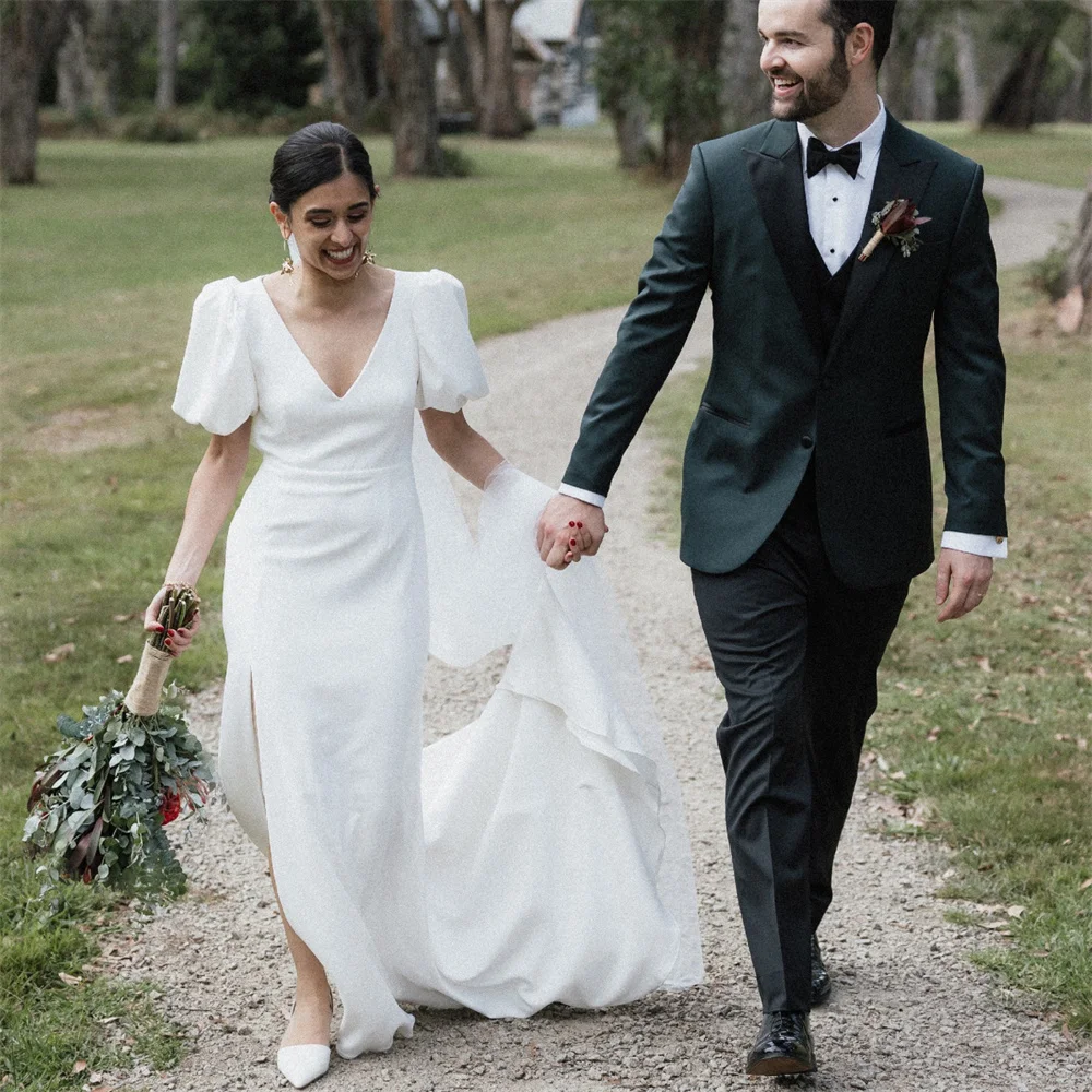 Ramanda decote em v mangas curtas sereia vestidos de casamento aberto volta alta fenda trem simples vestido de noiva vesditos de nova personalizado