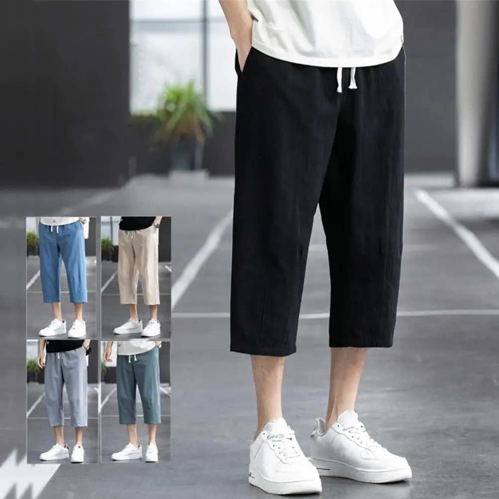 Men Cropped Pants Men's Summer Breathable Baggy Harem Pants with Drawstring Pockets Cropped Trousers for Streetwear Style