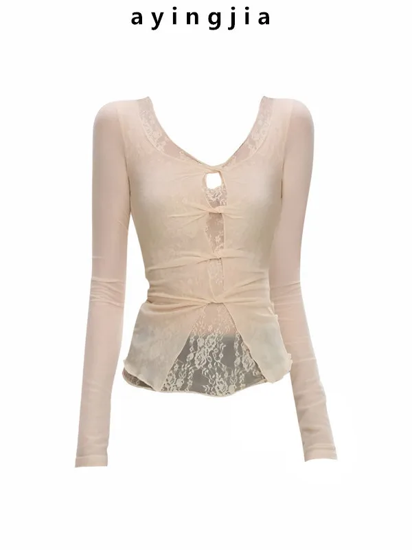 

American Sle Sexy Lace Splice Hollow out Long Sve T-irt Women's Slim Fit Inner Wear Casual Commute Sle Autumn Winter
