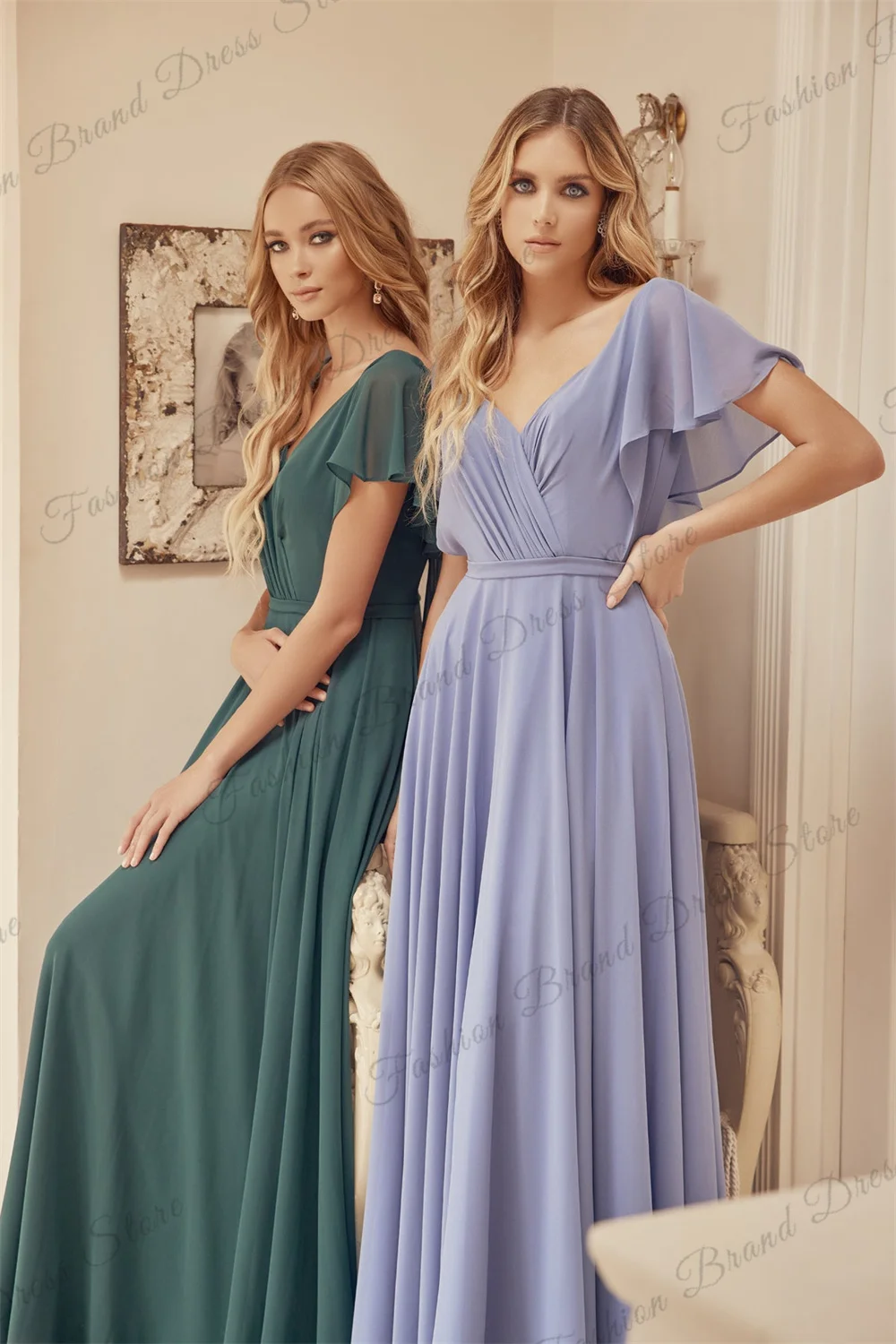 Chiffon Off-the-shoulder V-neck Bridesmaid Dress for Wedding Corset Short Sleeves Formal Evening Gowns A-line Long Prom Gowns