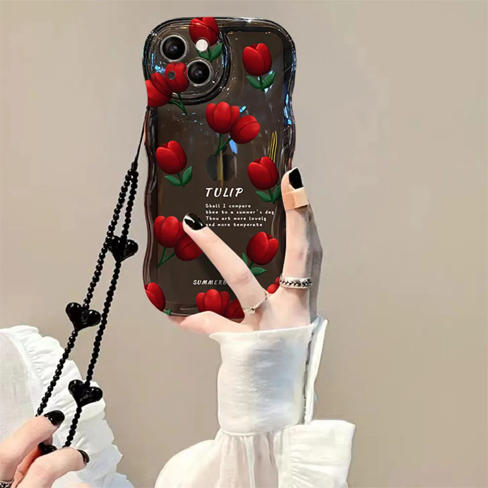 Korea Cute Wave Rose Flower Love Heart Hang Chain Soft Case For iPhone15 14 Pro Max 12 13 11 X XS XR Plus Clear Cover Capa