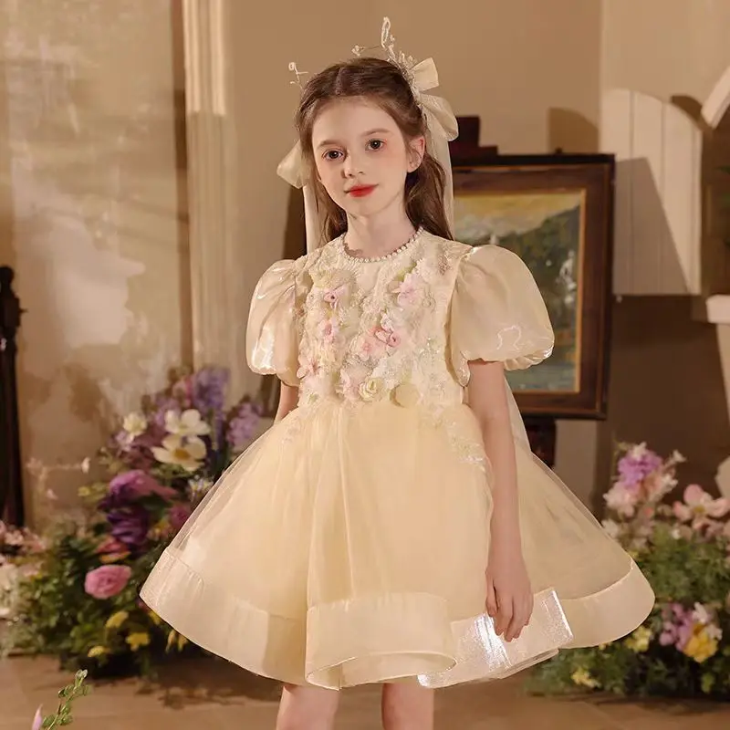 Jill Wish J504 ElegantChampagne 3D Flowers Girl Dress Beaded A-Line Princess Kids Wedding Birthday Performance Party Prom Gown