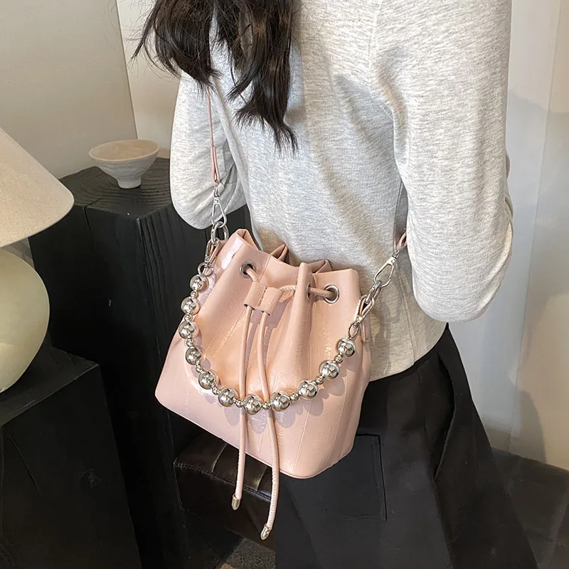 Chain Beaded Bucket Bags for Women Fashion Elegant PU Leather Shoulder Bags Female Solid Color Designer Luxury Handbags 2024