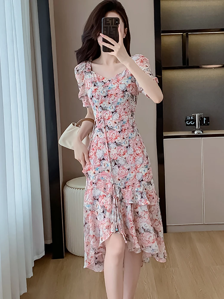 2024 New Pink Floral Mesh Short Sleeve Square Collar Dress Summer Elegant Ruffled Beach Dress Women Fashion Bodycon Party Dress