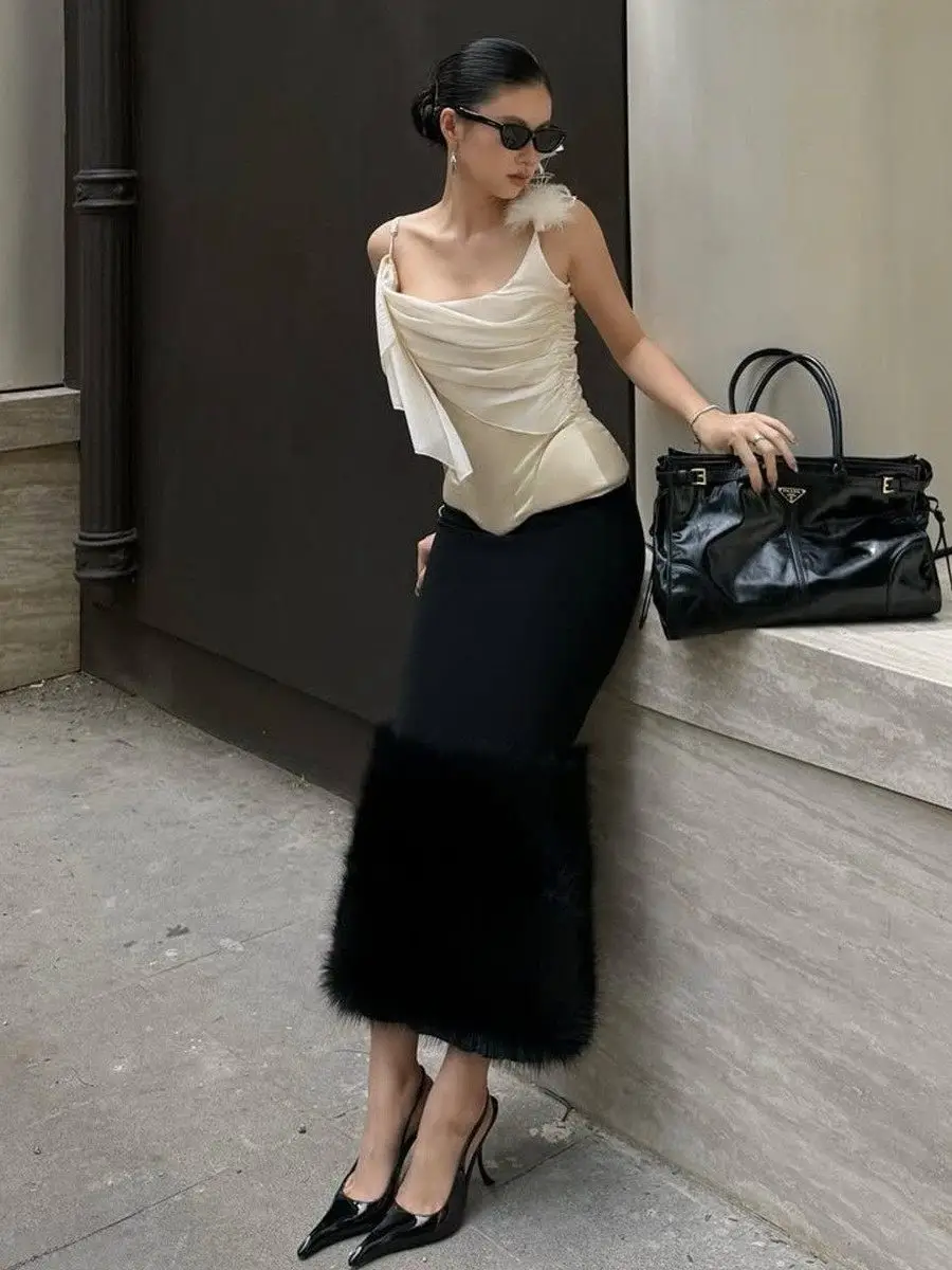 

Irregular Patchwork Skirt Set Women's Asymmetric High Waist Straight Leg Pants PVC Material Cleanfit Sle Pure Color Pattern