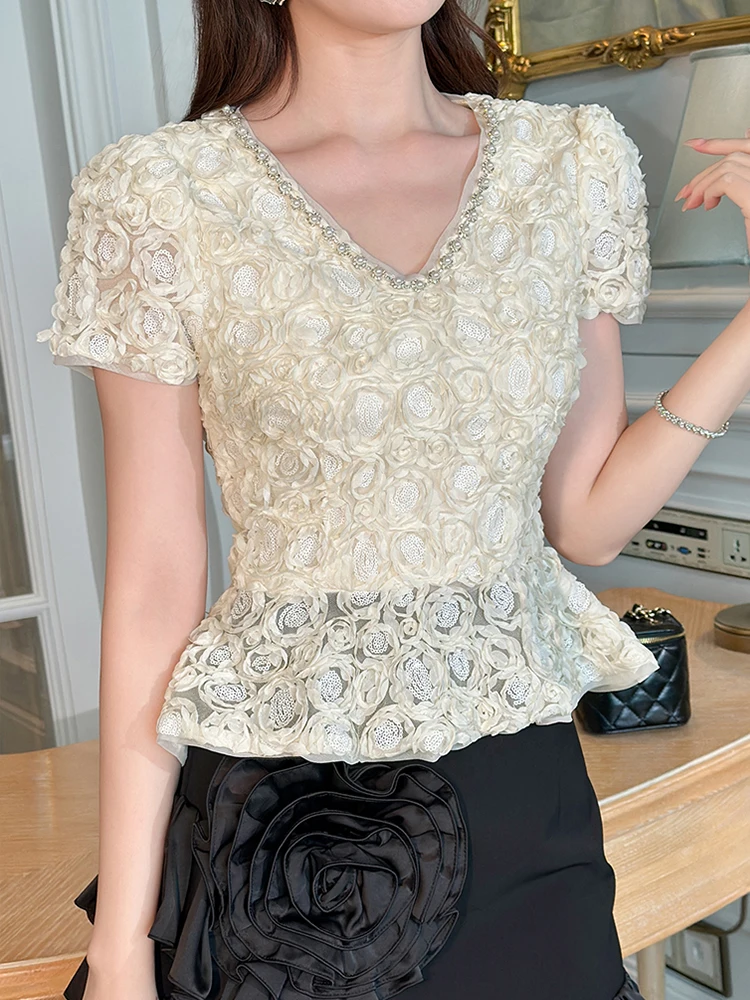 Nueva ropa de Mujer, blusa de perlas con cuello en V Floral rosa en 3D, Tops ajustados de encaje, camiseta Formal elegante a la moda para fiesta, camiseta informal de verano para Mujer