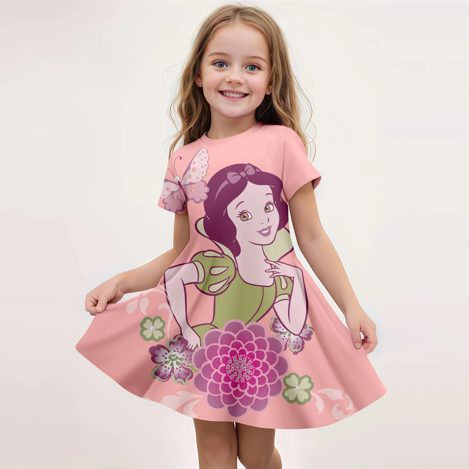 MINISO estate 2024 moda Disney biancaneve vestito a maniche corte principessa stampa 3D carino abbigliamento per bambini moda