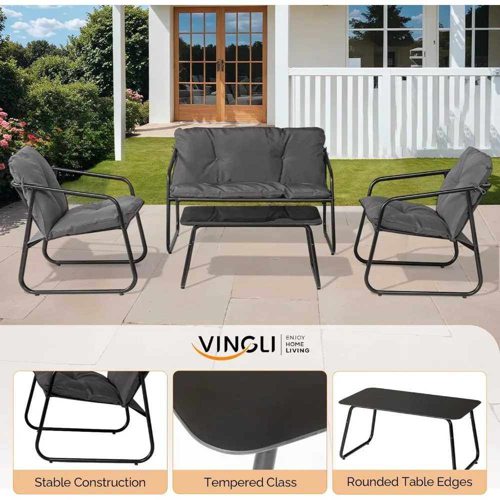 

4 Piece Patio Conversation Set, Outdoor Furniture Set with Glass Coffee Table & Comfortable Cushion, All-Weather Cushioned.