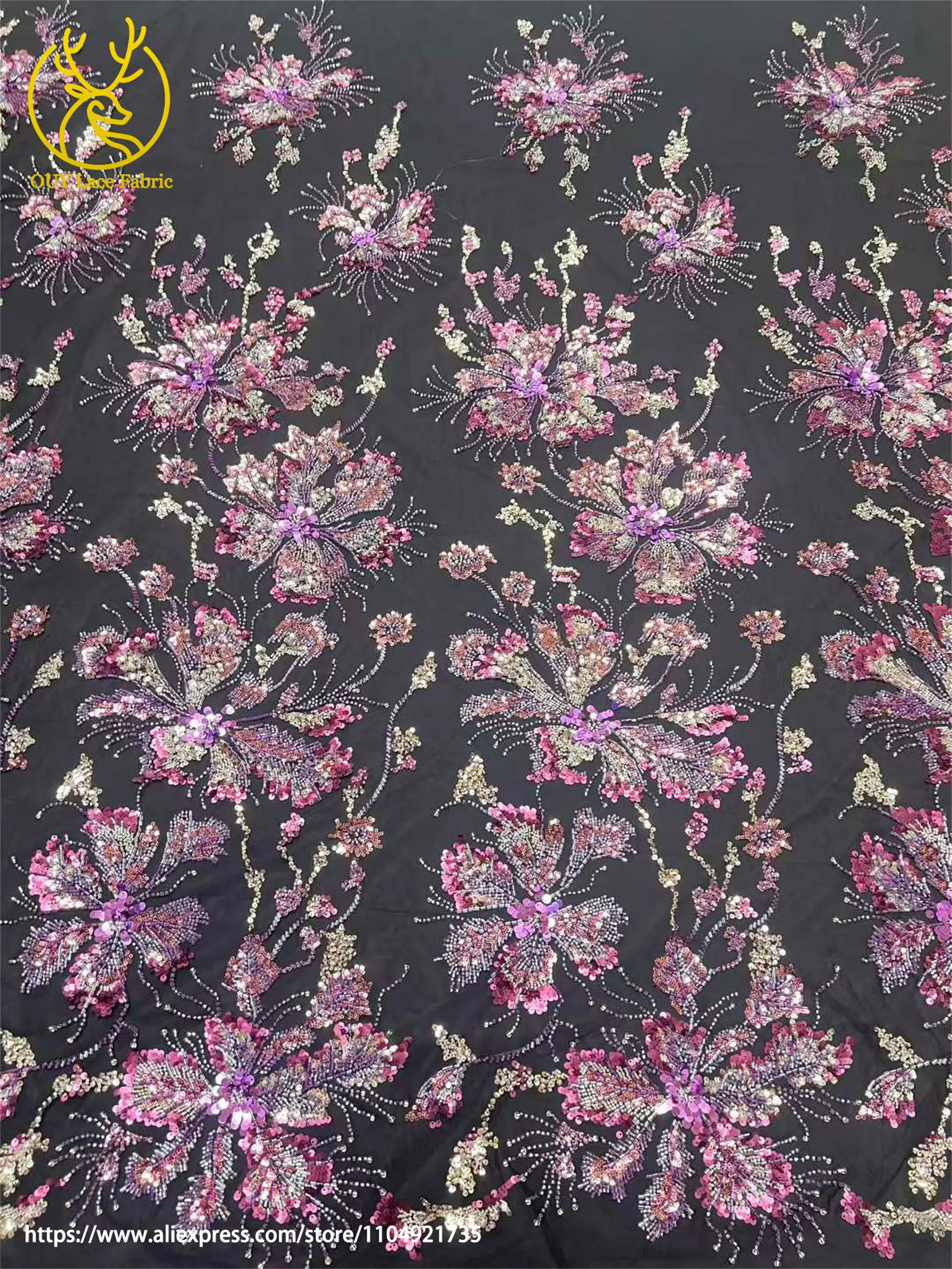 Afrikanischer Netz-Stickerei-Pailletten-Spitzenstoff 2026 Luxuriöser Französischer Tüll Perlenbesetzter Stoff für Damen-Partykleider Nähstoff 5 Yards – Detail 14