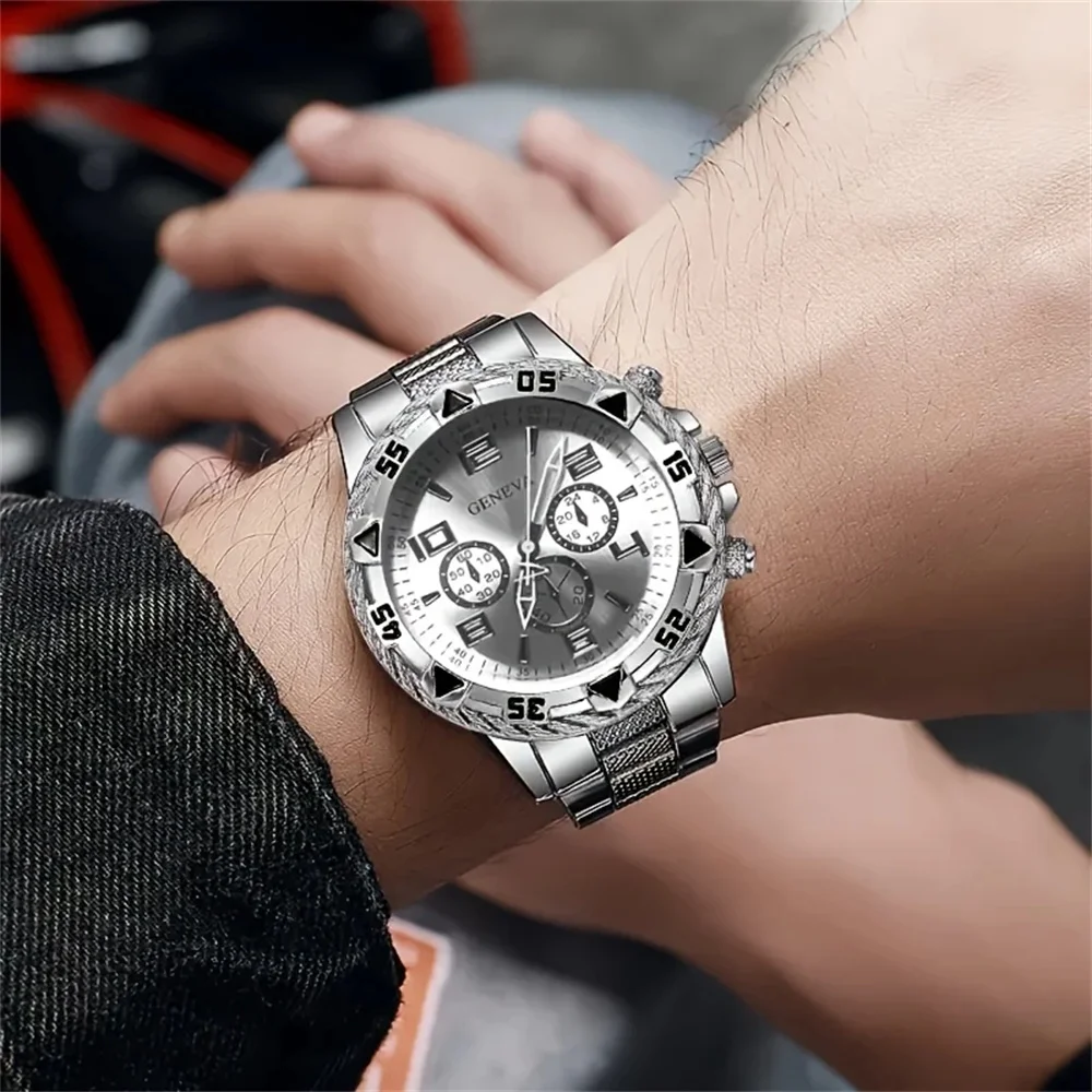 2pcs/set Men Business Watches Fashion Arabic Dial Steel Band Male's Quartz Watch Set (Without Box）