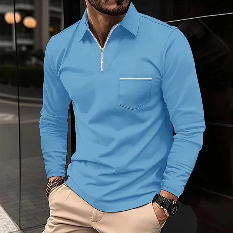 2023 Spring Autumn New Solid Color Fashion Turn-down Collar Long Sleeve Polo Shirts Man Casual Zipper Pockets All-match Pullover