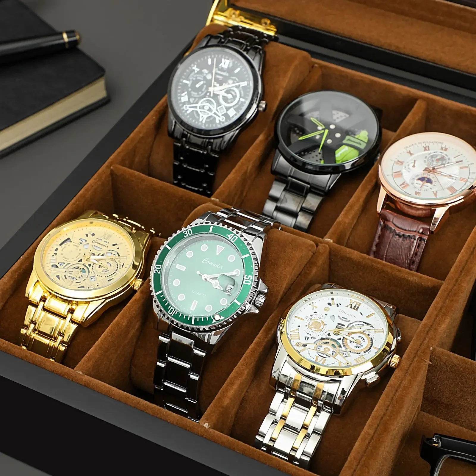 Watch Organizer Box,6 Watch 3 Slots Sunglasses Wooden Watch Organizer Box with Real Glass Top,Perfect Gifts for Family or Friend image 4