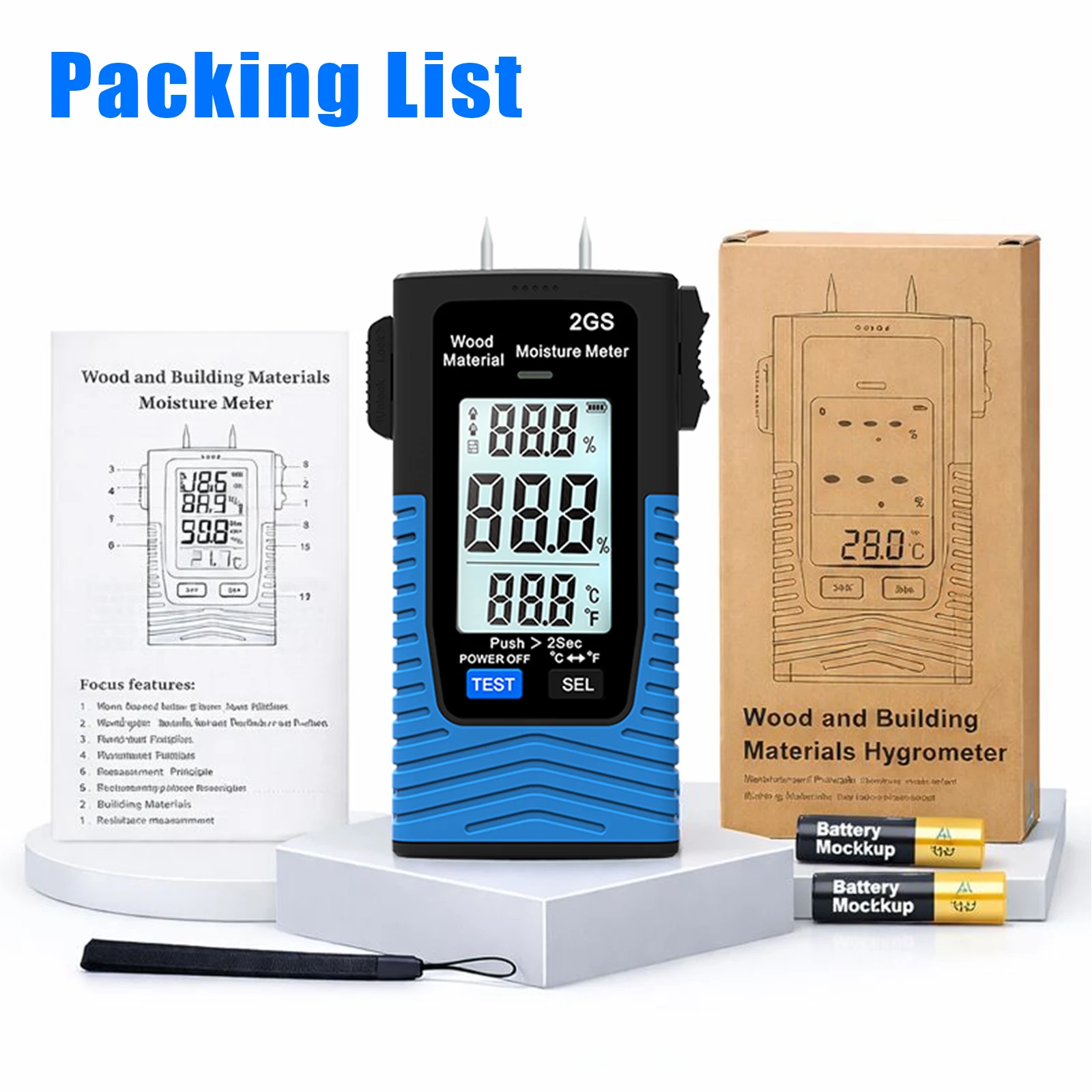 Digital Wood Moisture Meter HoldPeak HP-2GS 2 Pin Probe 3 Modes ℃/℉ LED Indicator Auto Off Data Storage Timber Damp Tester
