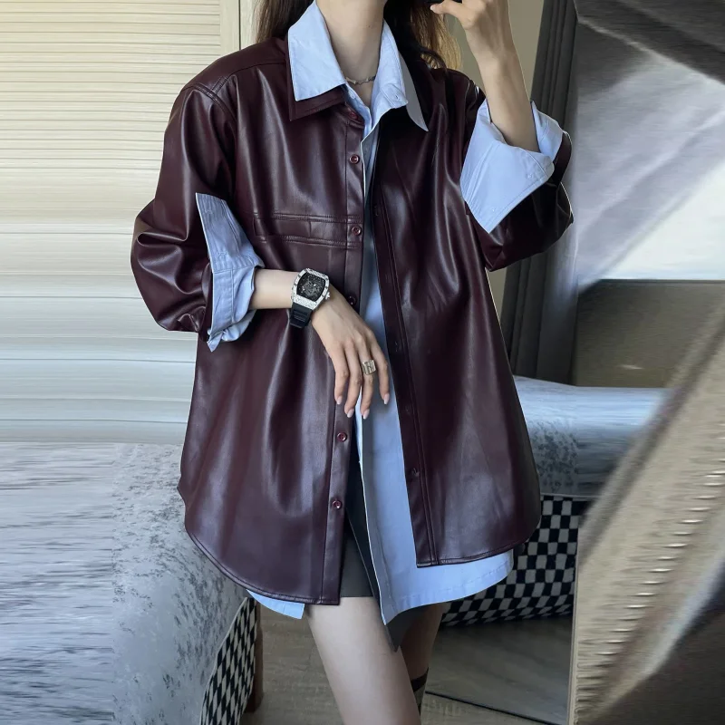 Autunno 2025 Giacca in pelle PU viola uva Giacca retrò da donna Camicia ampia Cappotto invernale da donna