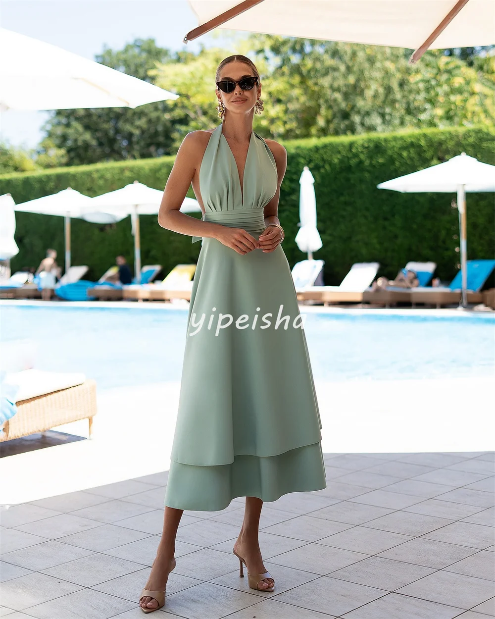 Customized High Quality Classic Jersey Ruched A-line Halter Tea Length Dresses Bespoke Occasion Dresses Modern Style Simple