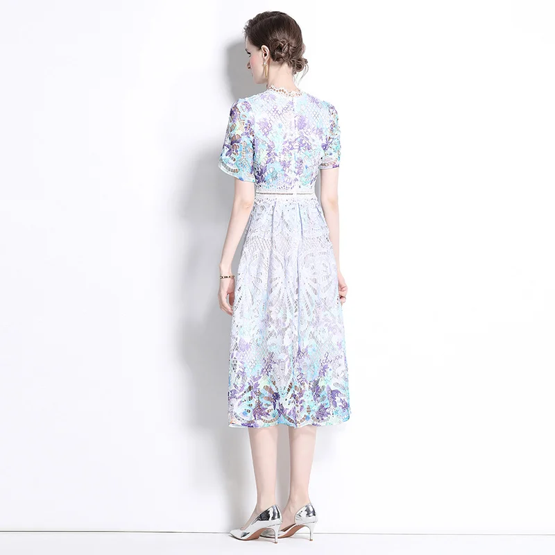 Korean Floral Elegant Dress Women Lace Print Sweet Vintage Hollow out Dress