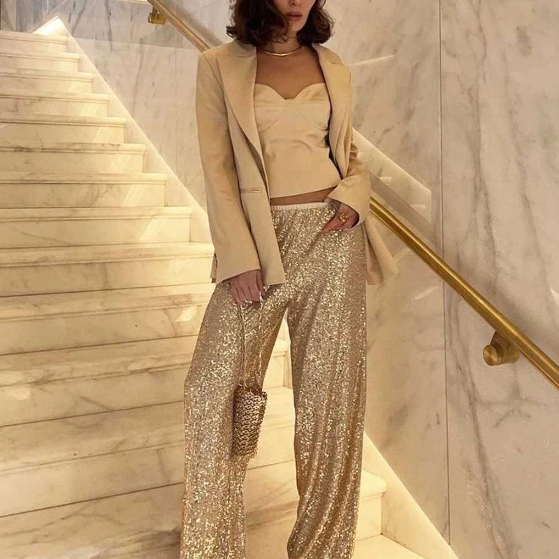 Elegant Sequined Pants Y2K Pearl Sequined Straight Mop Pants Spring and Autumn Fashion Commuter Women's Wear