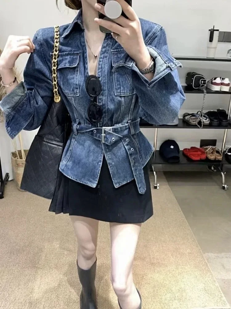 가을 신상 여성 데님 베스트, 오트칼라, 싱글 버튼 디자인, 다용도 허리 조임 탑, 출퇴근 패션