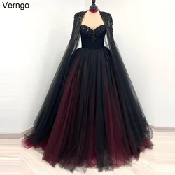 Verngo-Robe de Mariée Noire Gothique Personnalisée avec Cape en Tulle, Vêtement avec Perles, pour Patients Civiles, Halloween