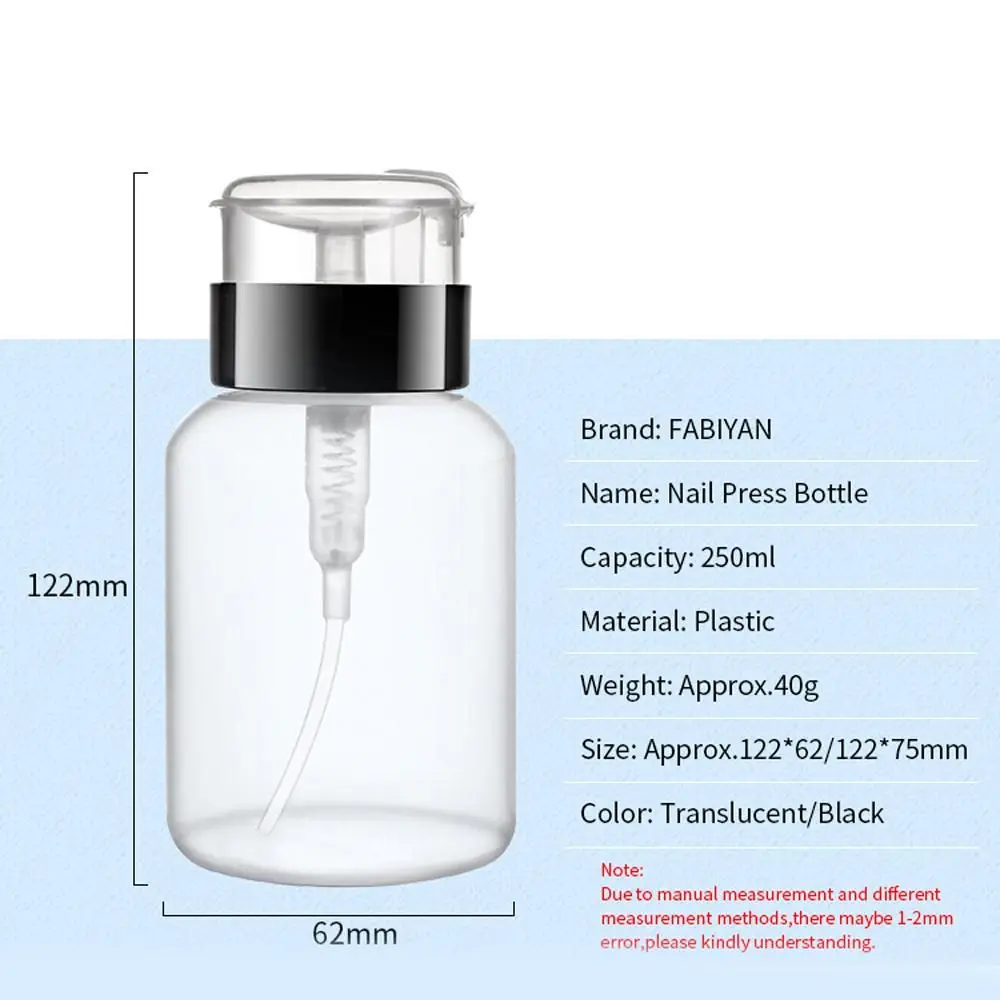 Gel Cleaner Dispenser da 250mL Bottl bottiglie vuote riutilizzabili in plastica per rimuovere lo smalto per unghie Dispenser per pompa contenitore Press Pumping