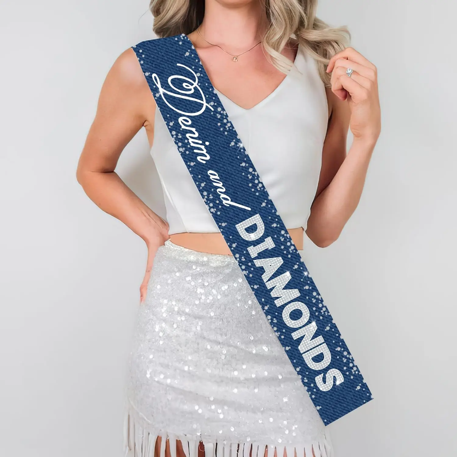 Fangleland Denim and Diamonds Bachelorette Party Sash Blue and Silver Birthday Decorations for Women 40th 50th 60th Party Supply