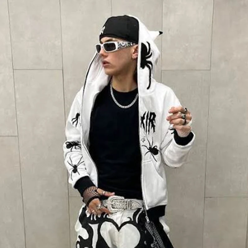 

European And American Retro Cool Men Spider Letter Print Rock Harajuku Loose Fashion Casual Shopping Exercising Commute Clothes
