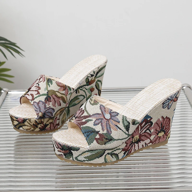 Women Shoes Fashion Shoes Casual Flip Flops Summer Vintage Floral Print Peep Toe Wedge Slippers