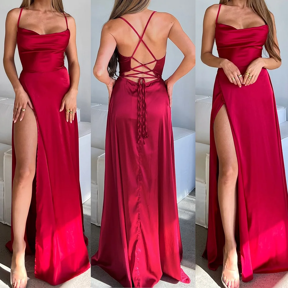 Lace Up Back Sleeveless Satin Spaghetti Straps Boat Neck Criss-Cross Sweep Train Side Slit A-Line Sexy Special Occasion Gowns