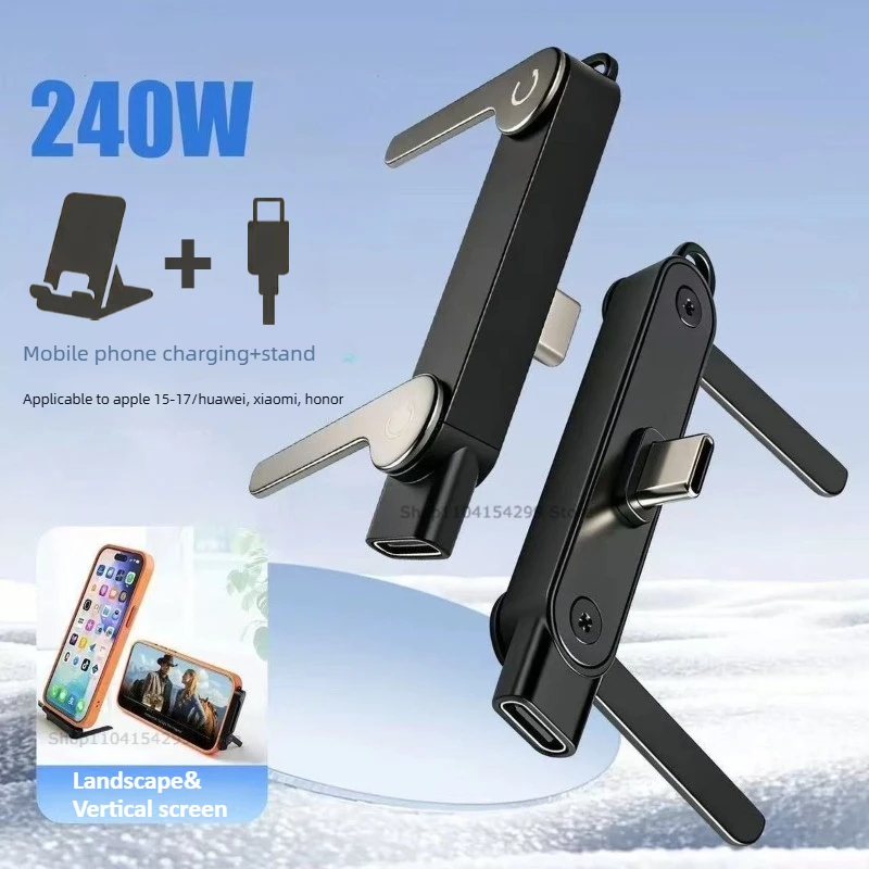 Suporte para Telefone e Tablet 3 em 1 com Carregamento Rápido de 240W, Suporte Dobrável para Celular, Conversor Tipo-C para USB-C