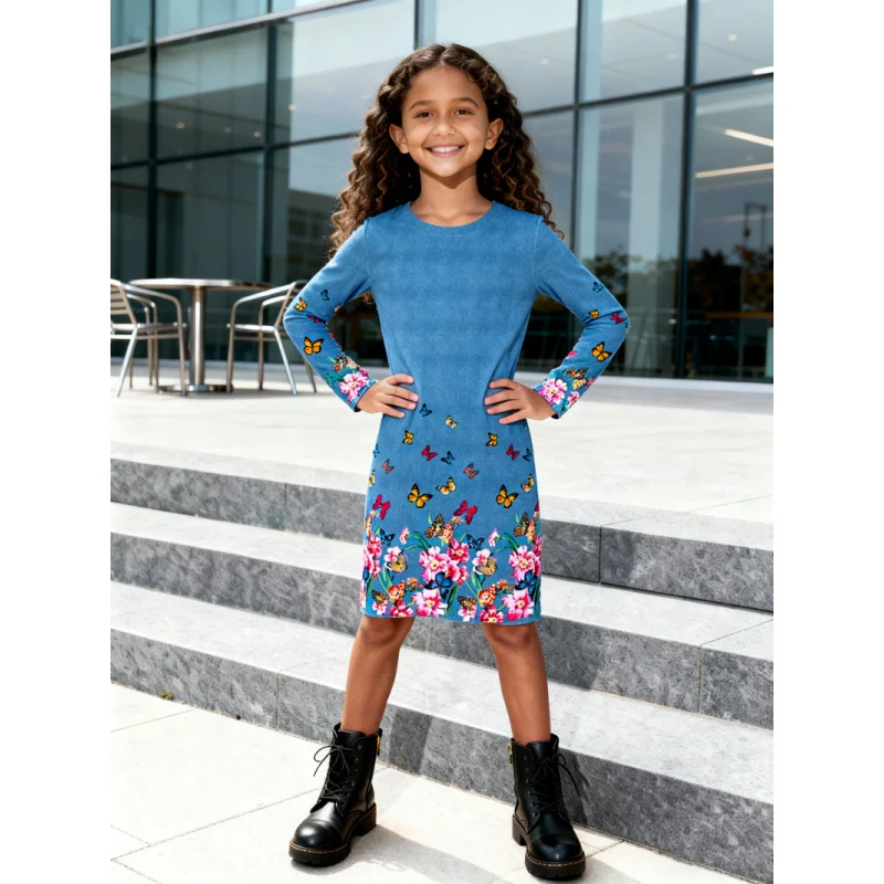 

2026 Trendy Girls' Dress Imitation Denim Tone Fabric Colorful Butterfly Floral Patterns Fashionable Kids' Clothing