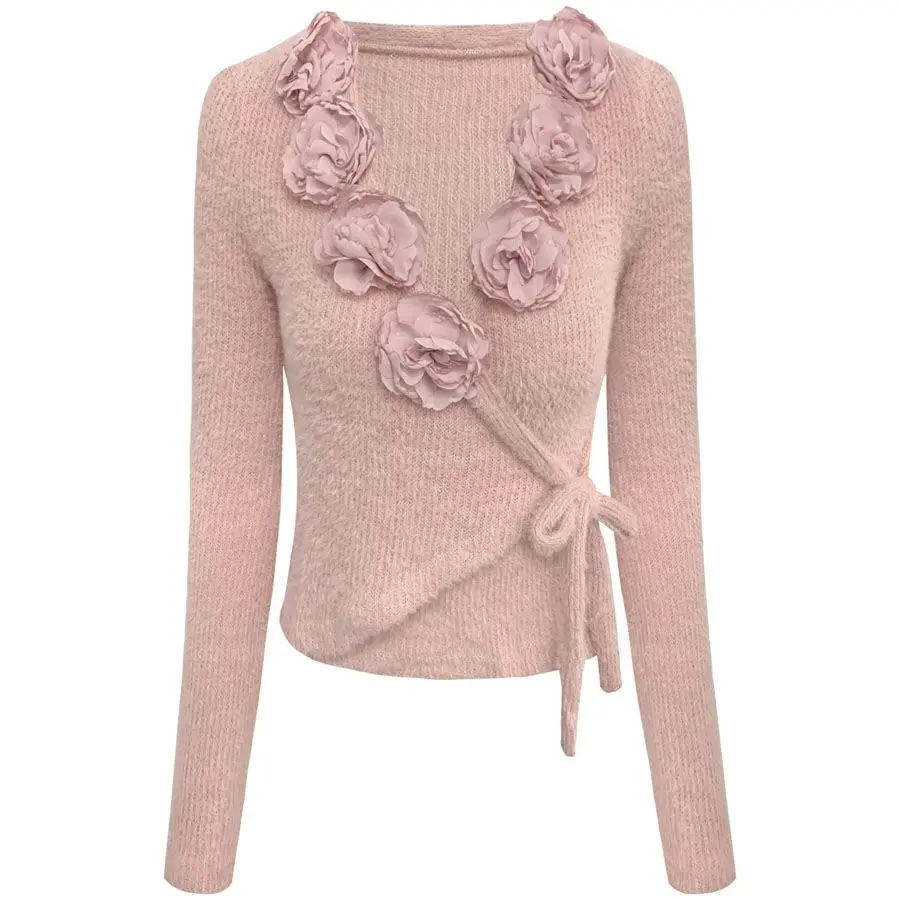 Pullover 3D Flowers French Vintage Slim Women Korean Long Sleeve Elegant Tops Female Retro Knitted Chic Fairy Clothing 2023