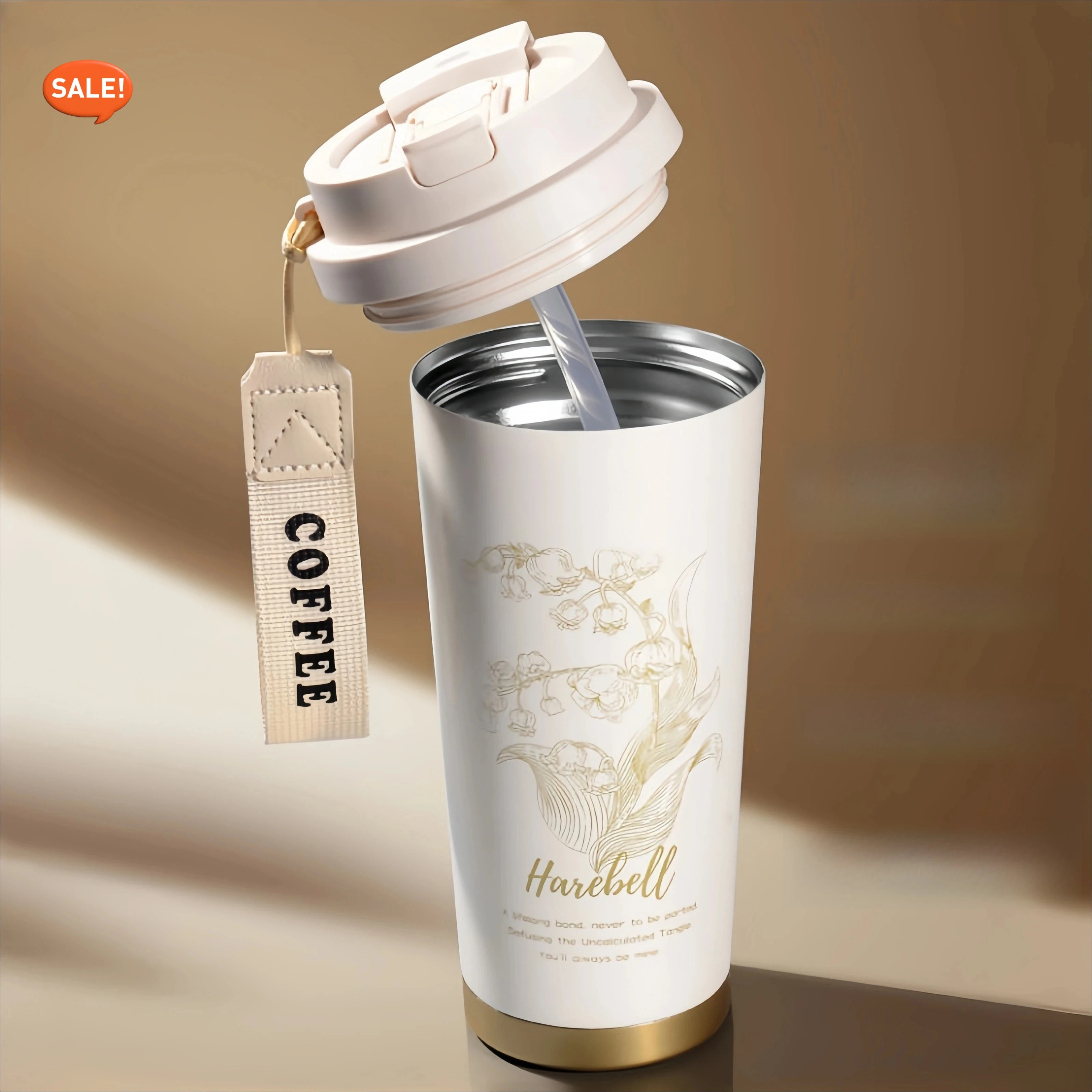 

Lily of Valley Tumbler 500ml Stainless Steel Thermos with Straw Leakproof Double Lid for Office Car Travel Gift Women