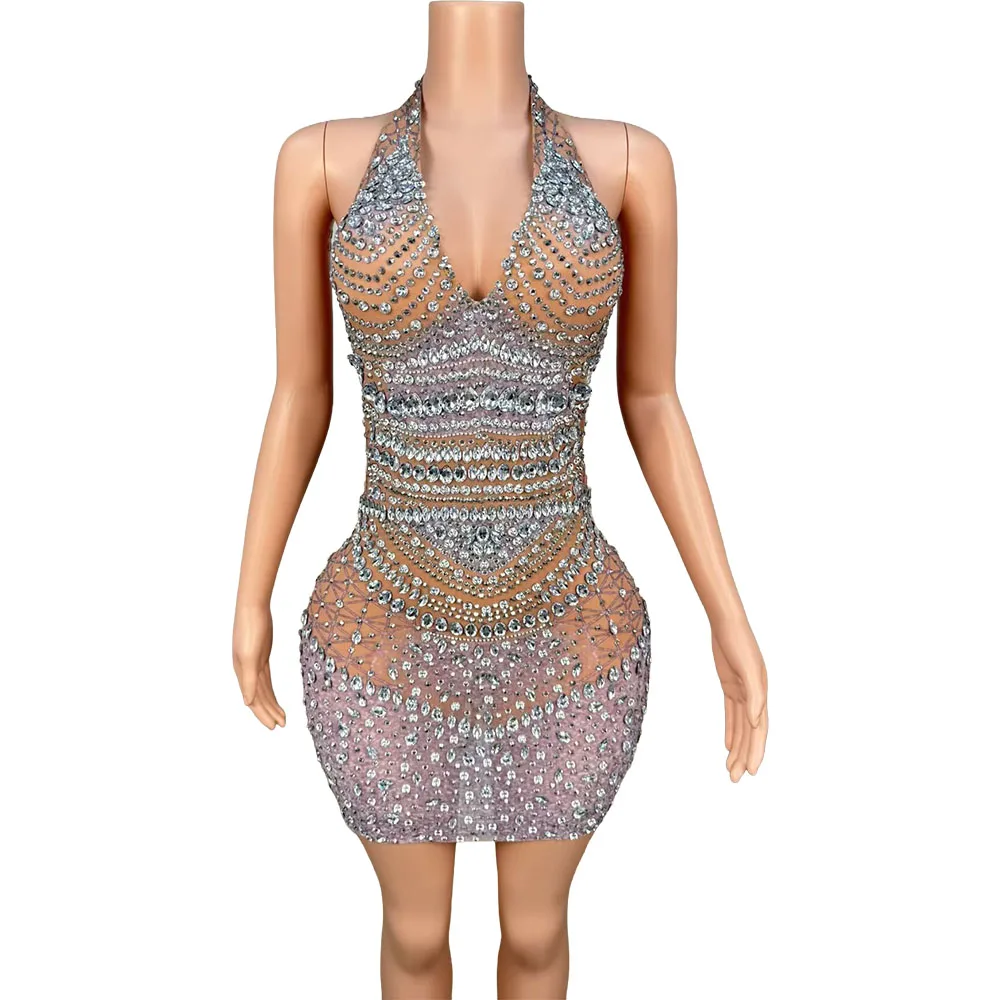 

Women Sparkly Rhinestone Deep V Neck Short Dress Celebrate Birthday Club Mesh Evening Dress Sexy Photo Shoot Stage Wear