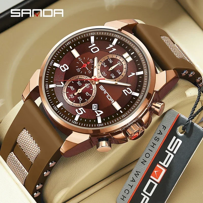 SANDA 5506 Fashion Dazzling Cool Quartz Wristwatch Waterproof Stopwatch Simplicity Round Dial Design Date Luminous Men Watch