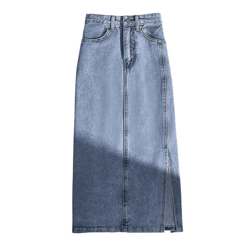 

Women Distressed Denim Skirt Spliced Wrap Buttocks Skirts High Waist Washed Solid Ankle Length Zipper Fly Pockets Casual