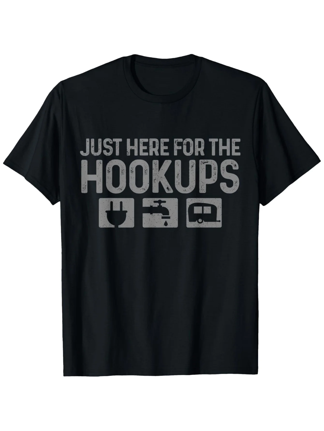 

RV Camping "Just Here for The Hookups" T-Shirt - Pre-Shrunk Cotton, S-3XL, Power/Plumbing Icons