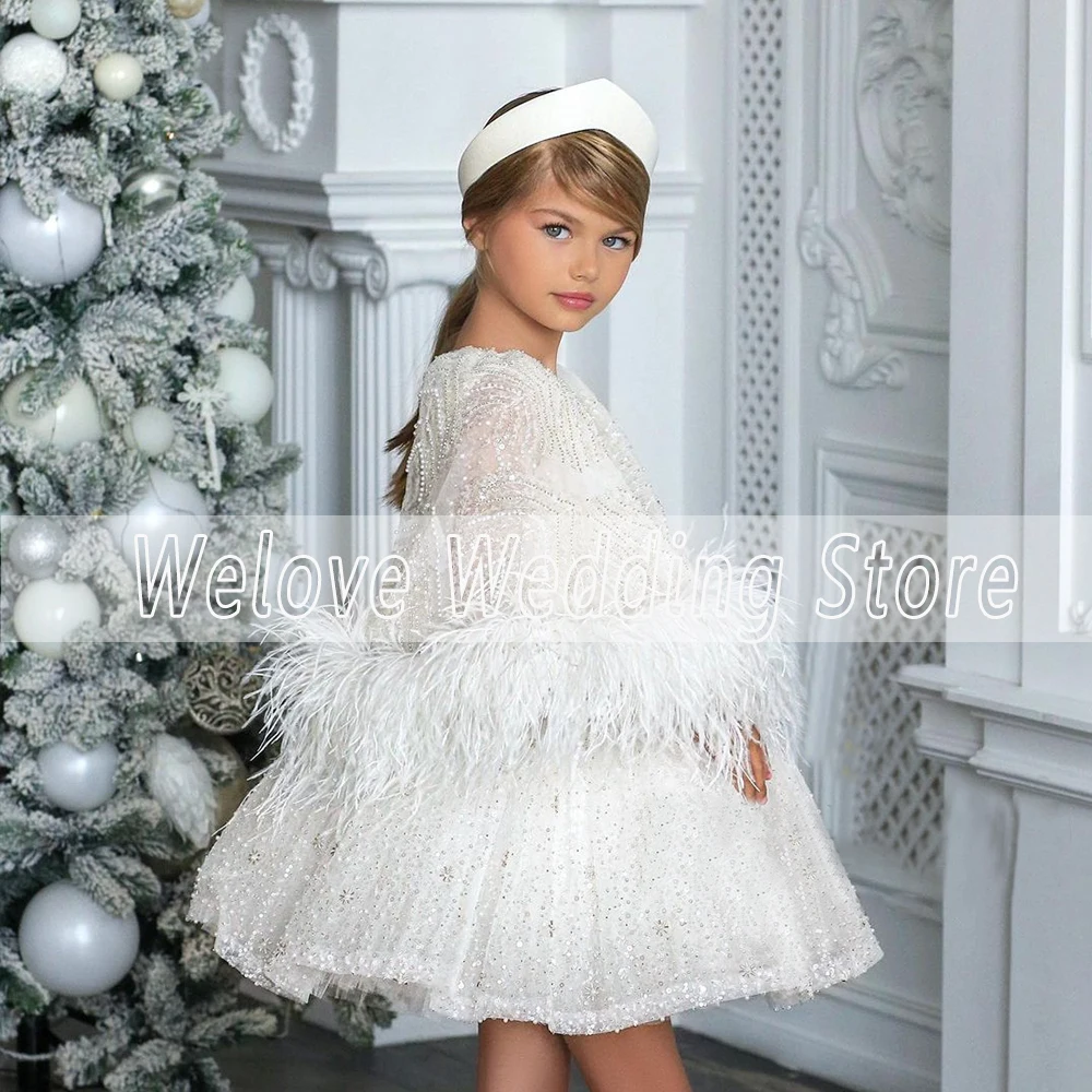 Luxury Christmas Party Dress For Girls Glitter Bead Lace Knee Length Drop Sleeves With Feather Elegant Wedding Flower Child Wear