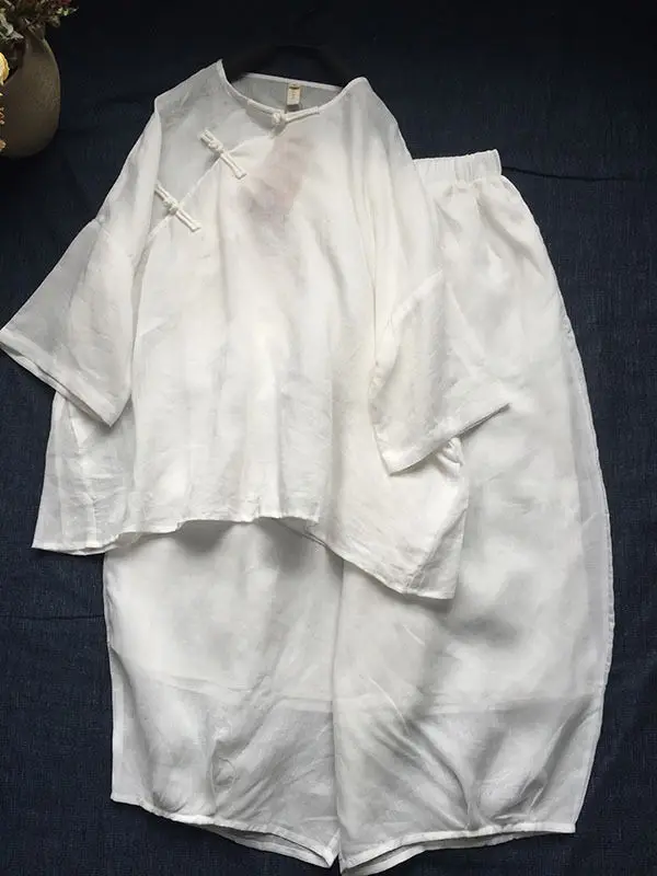 

Lightweight Summer Casual Sport Suit Zen Clothes Two-Piece Set Loose Fit Linen Material Spring Autumn New Sle Big Size