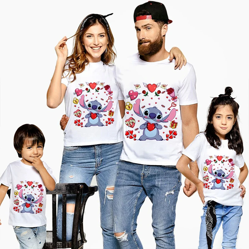 Stich T-Shirt Familie passende Outfits Papa und Mutter Kinder Baumwolle Kurzarm weiß Top Eltern-Kind-Outfit