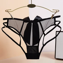 Bragas transparentes de malla transparente para mujer, ropa interior ahuecada, lencería erótica con lazo, bragas Porno