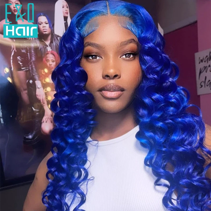 Blue Colored Loose Deep Wave13x4 Transparent Lace Front Human Hair Wig PrePlucked For Black Woman Brazilian Remy Frontal Wigs