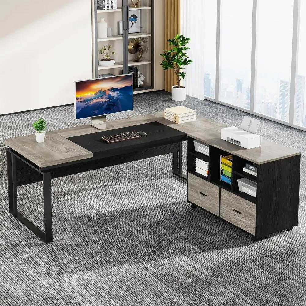 63 L-Shaped Desk with Storage Cabinets, Reversible File Cabinet, and Hanging File Storage (Gray & Black)