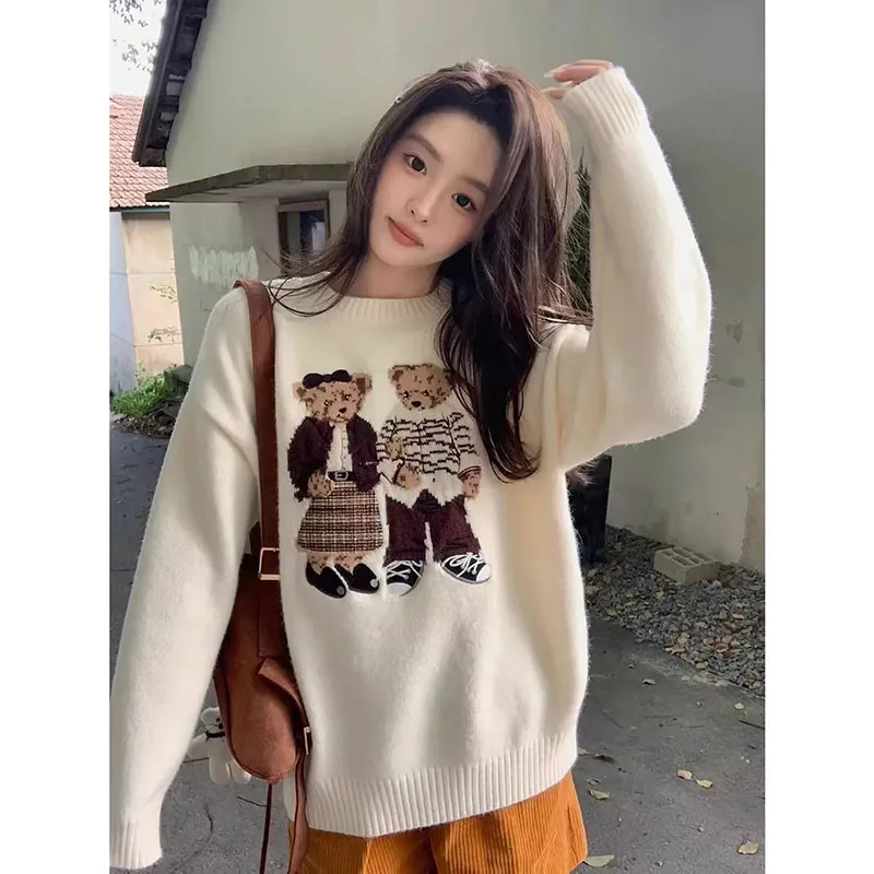 Spring Autumn Ladies New Atmosphere Cartoon Bear Soft Waxy Sweater Women Autumn Winter Comfortable Soft Cute Pullover Knit Top