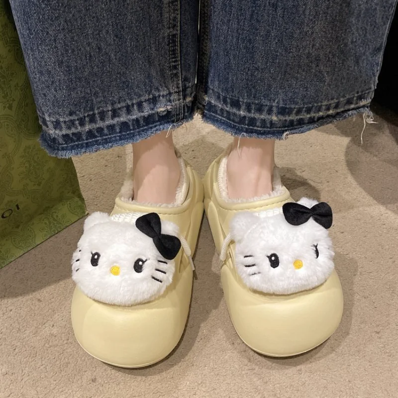 Sanurgente Hello Kitty-Pantoufles en coton imperméables pour la maison, chaussures à plateforme, sac chaud en peluche, dessin animé décontracté, tête, automne et hiver, 600