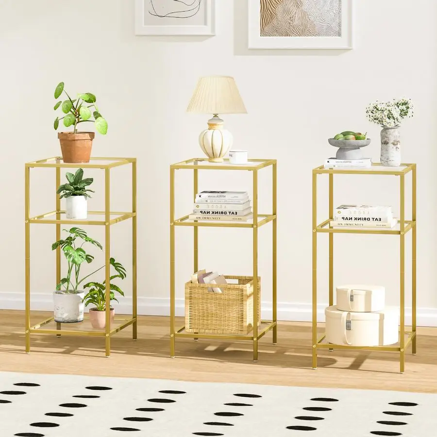 

3Tier Side Tables Set of 2, End Tables with Tempered Glass, Nightstands with Storage Shelves, Slim Sofa Tables for Living Room,