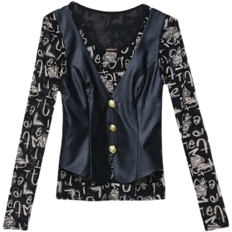 Faionable Long Sve Base irt femmes Sle automne saison Version coréenne coupe ajustée v-ne motif tissu Polyester créatif